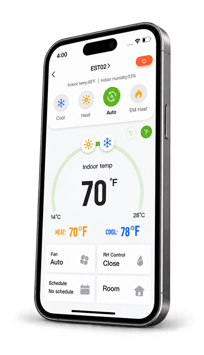 Ecoer Home+ mobile app showing connected HVAC temperature controls and system settings